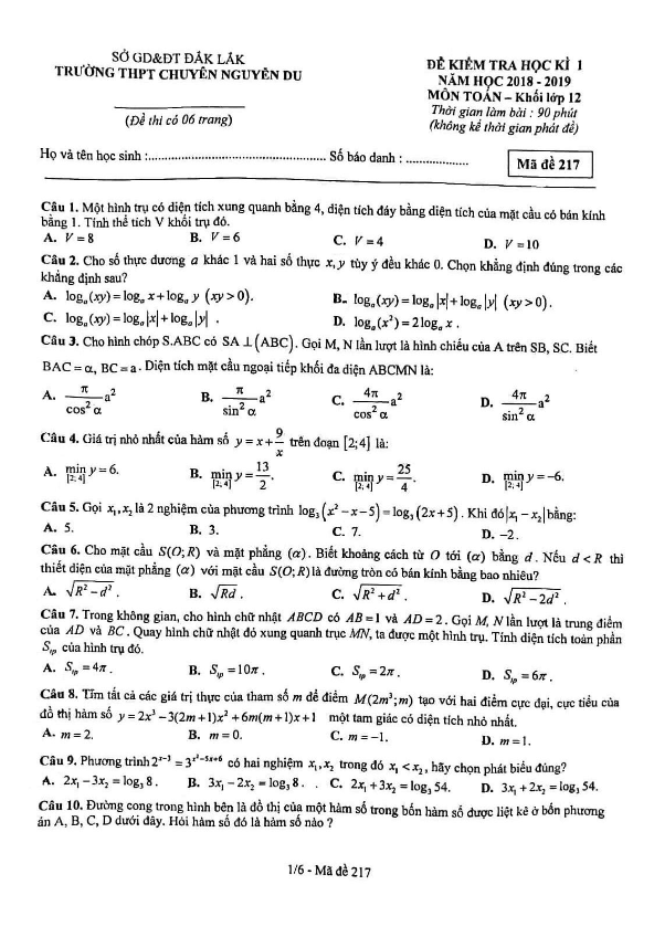 Đề thi HK1 Toán 12 năm học 2018 – 2019 trường THPT chuyên Nguyễn Du – Đăk Lăk