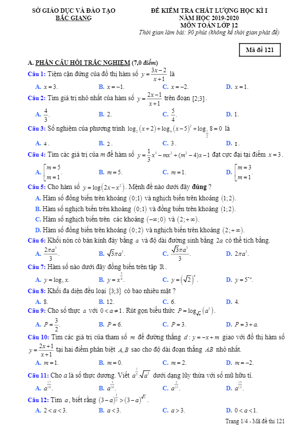 Đề thi HK1 Toán 12 năm học 2019 – 2020 sở GD&ĐT Bắc Giang