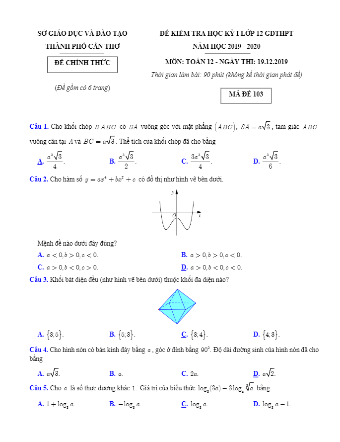 Đề thi HK1 Toán 12 năm học 2019 – 2020 sở GD&ĐT Cần Thơ