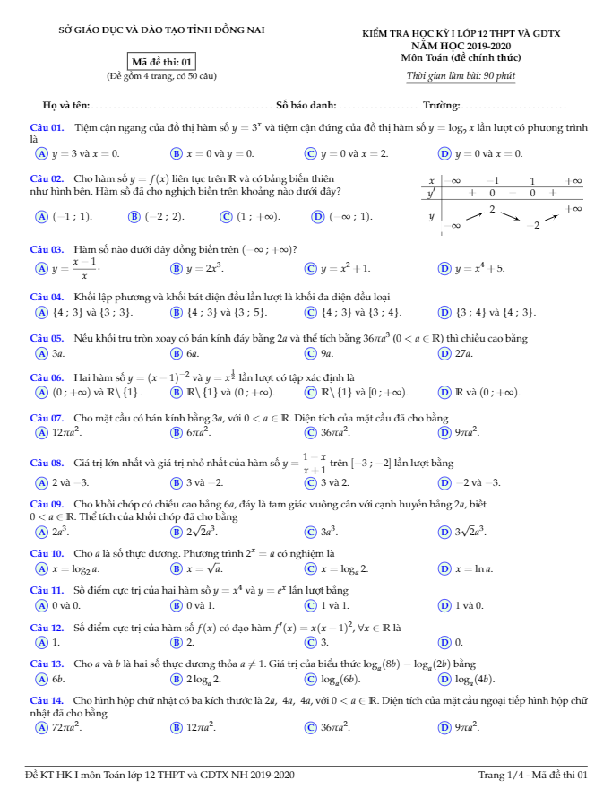 Đề thi HK1 Toán 12 năm học 2019 – 2020 sở GD&ĐT Đồng Nai