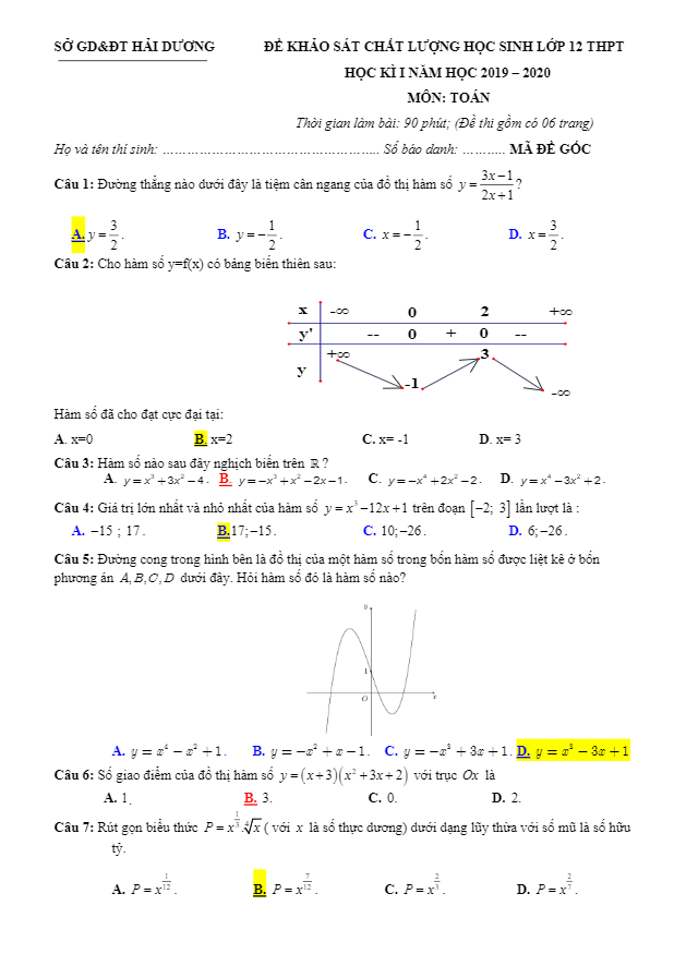 Đề thi HK1 Toán 12 năm học 2019 – 2020 sở GD&ĐT Hải Dương