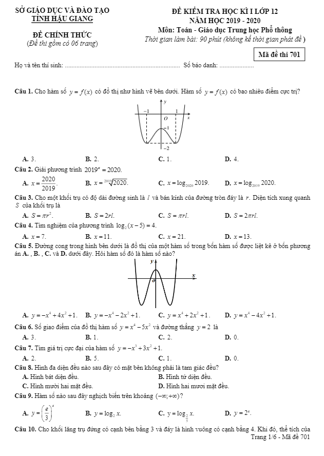 Đề thi HK1 Toán 12 năm học 2019 – 2020 sở GD&ĐT Hậu Giang