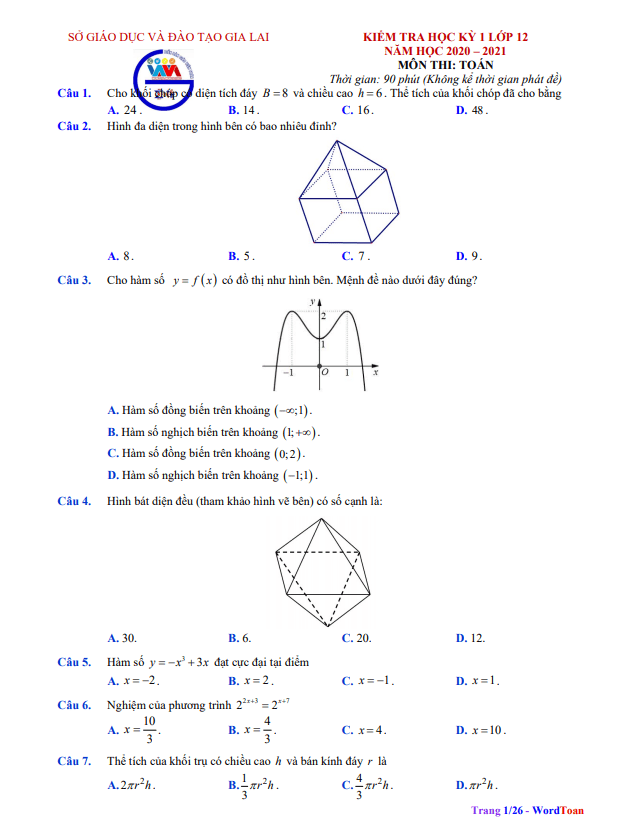 Đề thi HK1 Toán 12 năm học 2020 – 2021 sở GD&ĐT Gia Lai