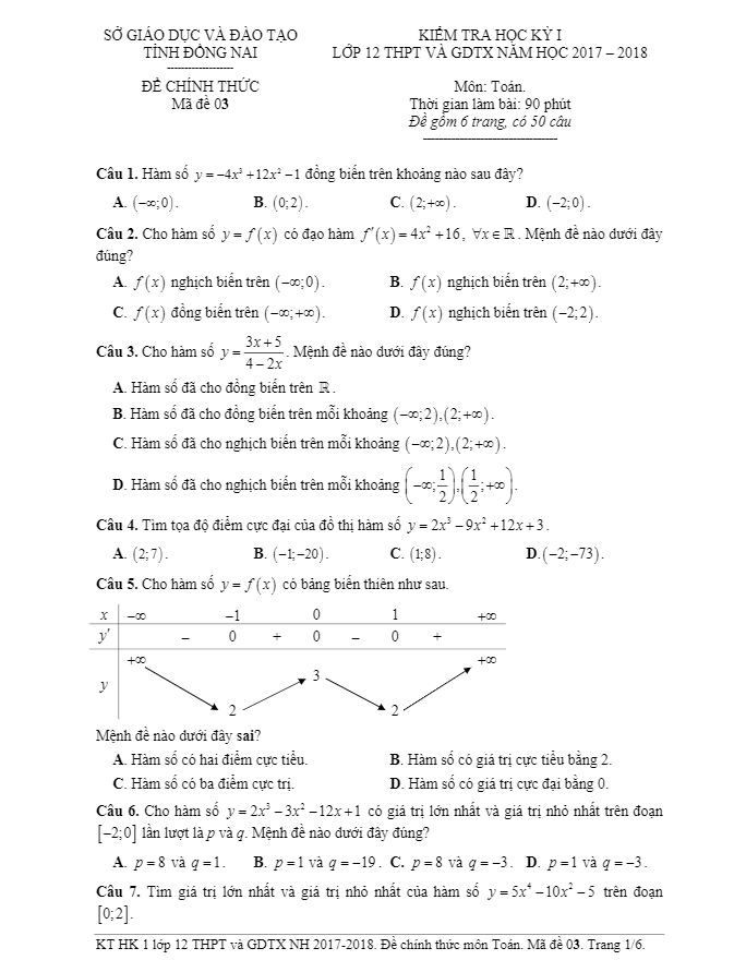 Đề thi HK1 Toán 12 THPT và GDTX năm học 2017 – 2018 sở GD và ĐT Đồng Nai