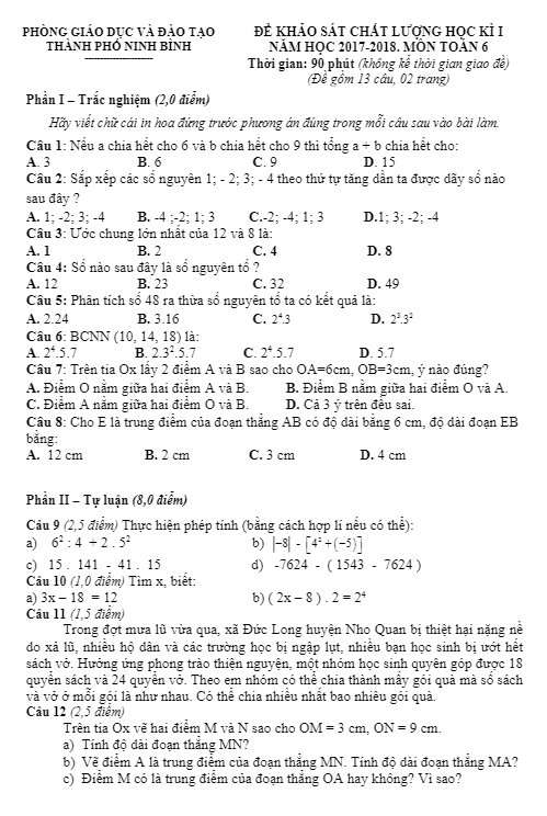 Đề thi HK1 Toán 6 năm học 2017 – 2018 phòng GD và ĐT thành phố Ninh Bình