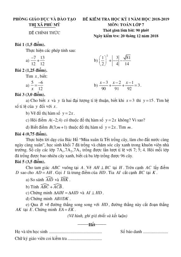 Đề thi HK1 Toán 7 năm 2018 – 2019 phòng GD&ĐT Thị Xã Phú Mỹ – Bà Rịa – Vũng Tàu