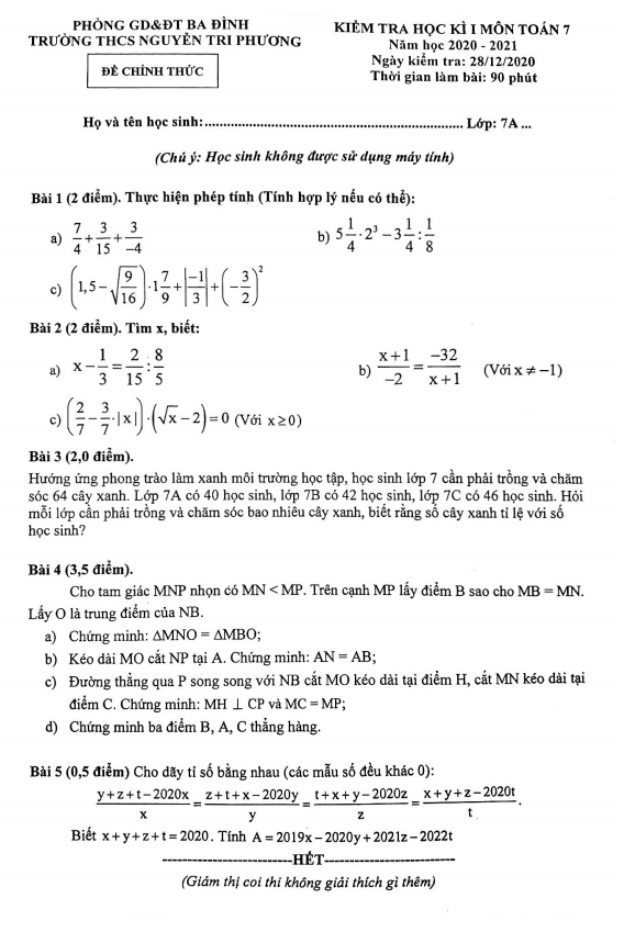 Đề thi HK1 Toán 7 năm 2020 – 2021 trường THCS Nguyễn Tri Phương – Hà Nội