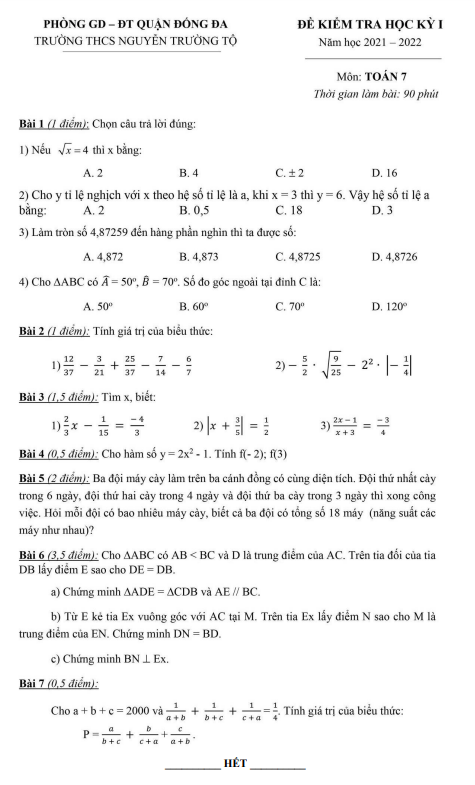 Đề thi HK1 Toán 7 năm 2021 – 2022 trường THCS Nguyễn Trường Tộ – Hà Nội