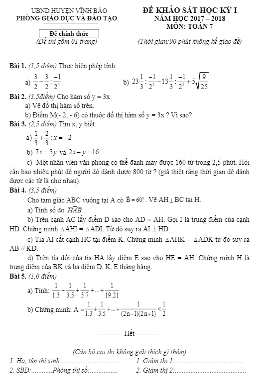 Đề thi HK1 Toán 7 năm học 2017 – 2018 phòng GD và ĐT Vĩnh Bảo – Hải Phòng