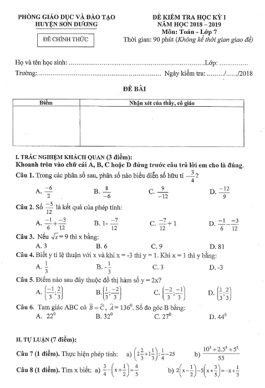 Đề thi HK1 Toán 7 năm học 2018 – 2019 phòng GD&ĐT Sơn Dương – Tuyên Quang