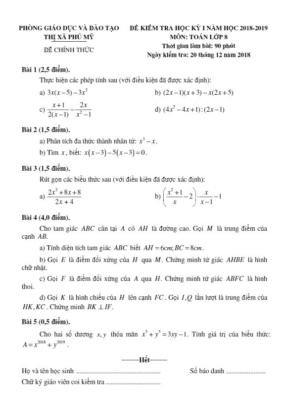 Đề thi HK1 Toán 8 năm 2018 – 2019 phòng GD&ĐT Thị Xã Phú Mỹ – Bà Rịa – Vũng Tàu