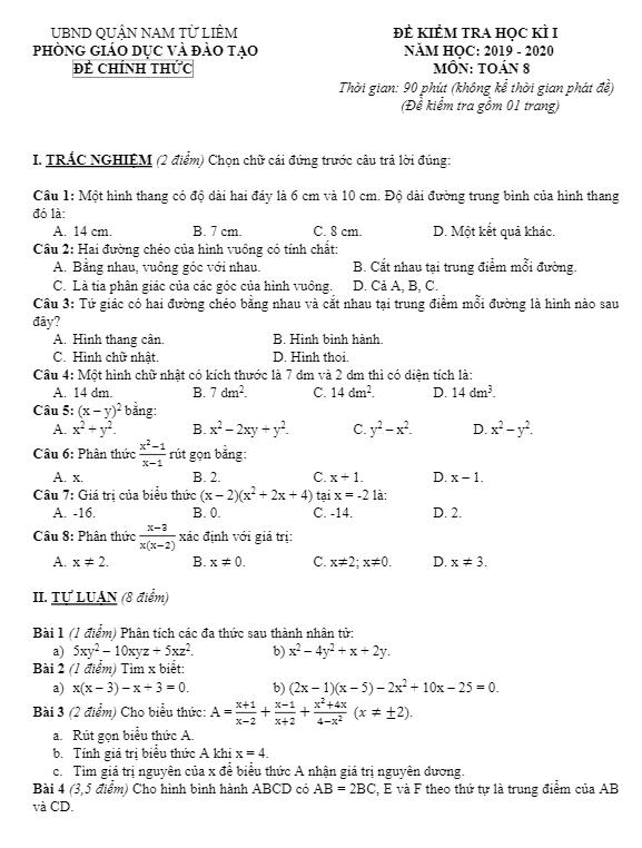 Đề thi HK1 Toán 8 năm 2019 – 2020 phòng GD&ĐT Nam Từ Liêm – Hà Nội