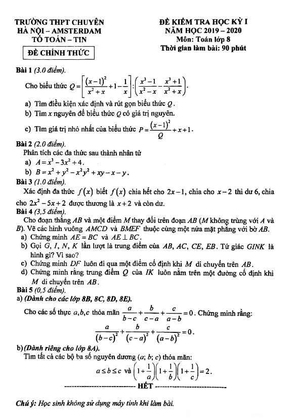 Đề thi HK1 Toán 8 năm 2019 – 2020 trường THPT chuyên Hà Nội – Amsterdam