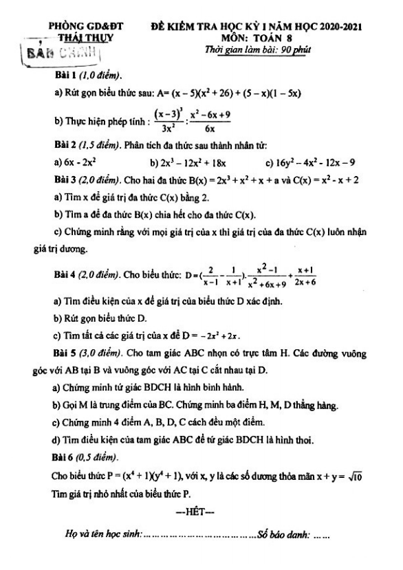 Đề thi HK1 Toán 8 năm 2020 – 2021 phòng GD&ĐT Thái Thụy – Thái Bình
