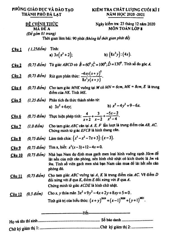 Đề thi HK1 Toán 8 năm 2020 – 2021 phòng GD&ĐT TP Đà Lạt – Lâm Đồng