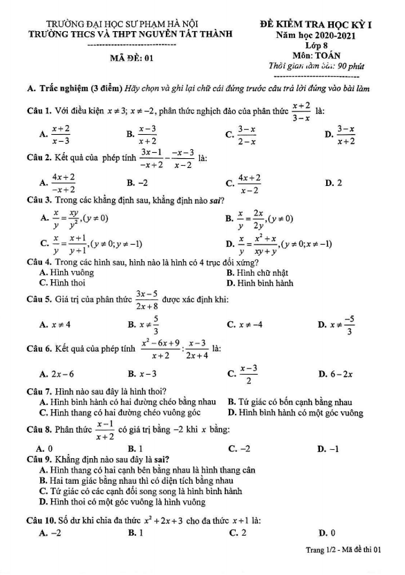 Đề thi HK1 Toán 8 năm 2020 – 2021 trường Nguyễn Tất Thành – Hà Nội