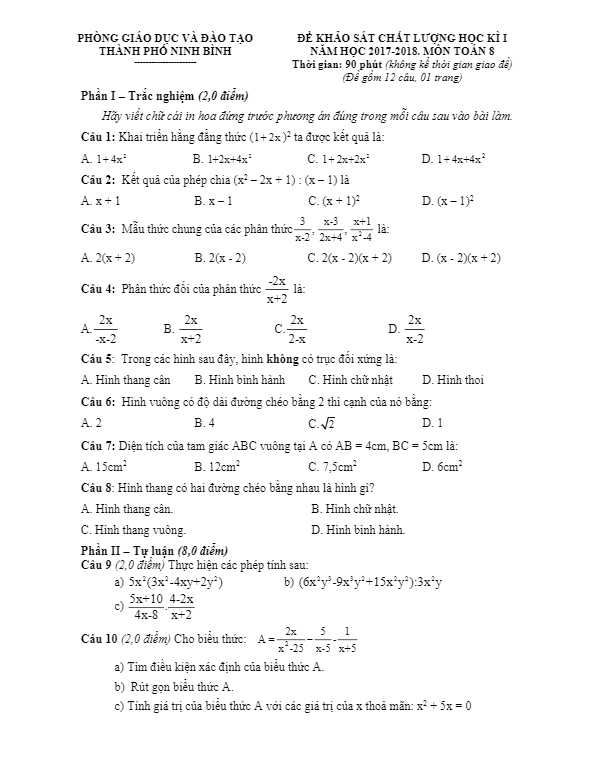 Đề thi HK1 Toán 8 năm học 2017 – 2018 phòng GD và ĐT thành phố Ninh Bình