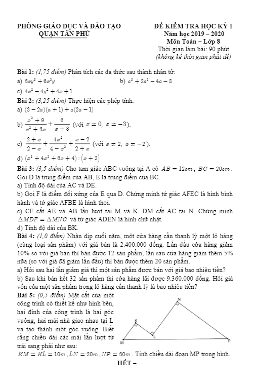 Đề thi HK1 Toán 8 năm học 2019 – 2020 phòng GD&ĐT Tân Phú – TP HCM
