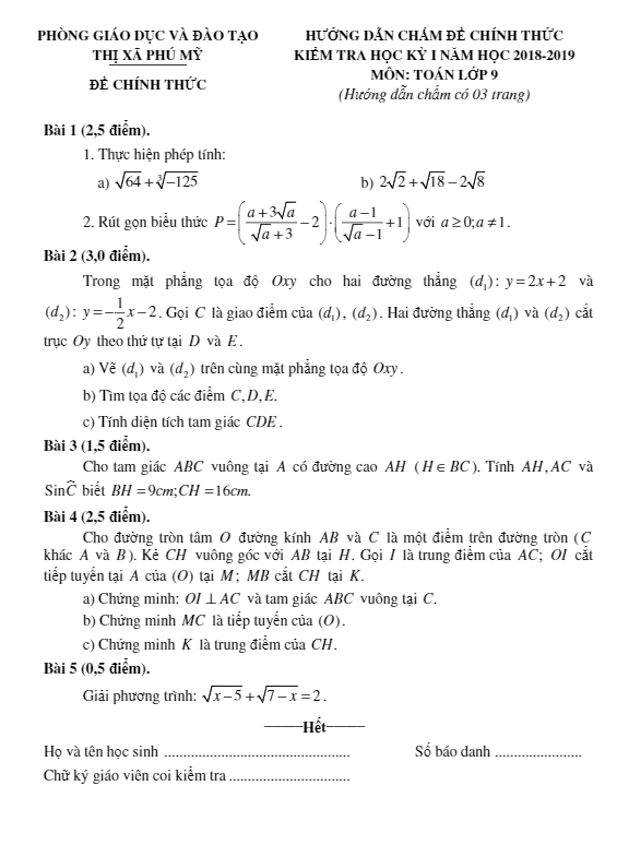 Đề thi HK1 Toán 9 năm 2018 – 2019 phòng GD&ĐT Thị Xã Phú Mỹ – Bà Rịa – Vũng Tàu