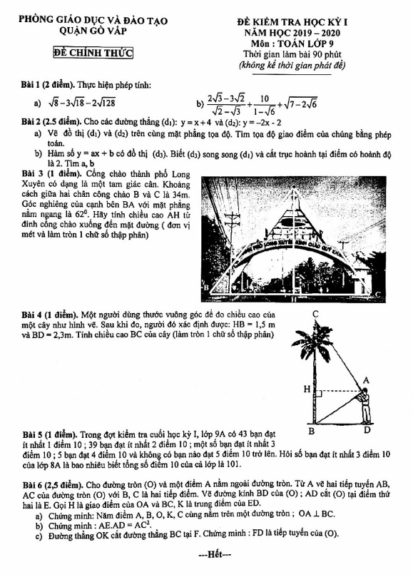 Đề thi HK1 Toán 9 năm 2019 – 2020 phòng GD&ĐT Gò Vấp – TP HCM