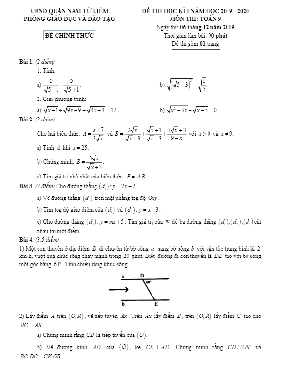 Đề thi HK1 Toán 9 năm 2019 – 2020 phòng GD&ĐT Nam Từ Liêm – Hà Nội