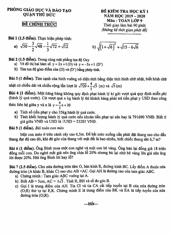 Đề thi HK1 Toán 9 năm 2019 – 2020 phòng GD&ĐT Thủ Đức – TP HCM