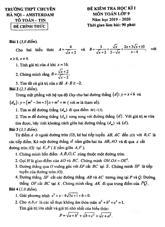 Đề thi HK1 Toán 9 năm 2019 – 2020 trường THPT chuyên Hà Nội – Amsterdam