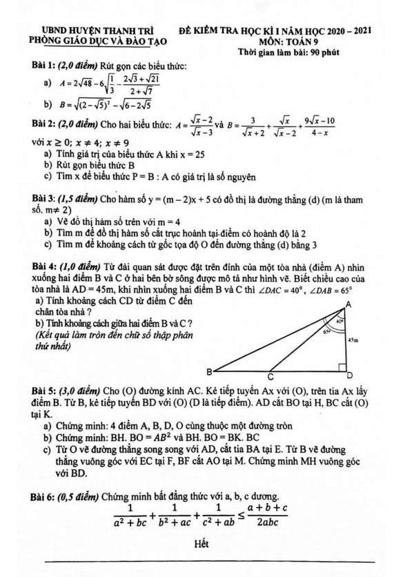 Đề thi HK1 Toán 9 năm 2020 – 2021 phòng GD&ĐT Thanh Trì – Hà Nội