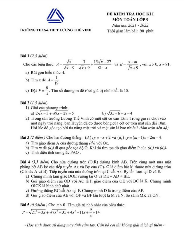 Đề thi HK1 Toán 9 năm 2021 – 2022 trường THCS&THPT Lương Thế Vinh – Hà Nội