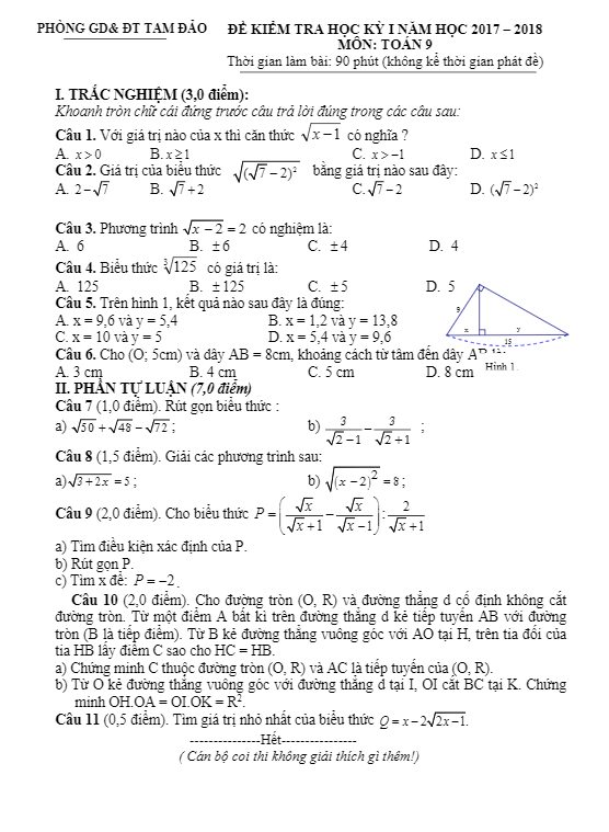 Đề thi HK1 Toán 9 năm học 2017 – 2018 phòng GD và ĐT Tam Đảo – Vĩnh Phúc