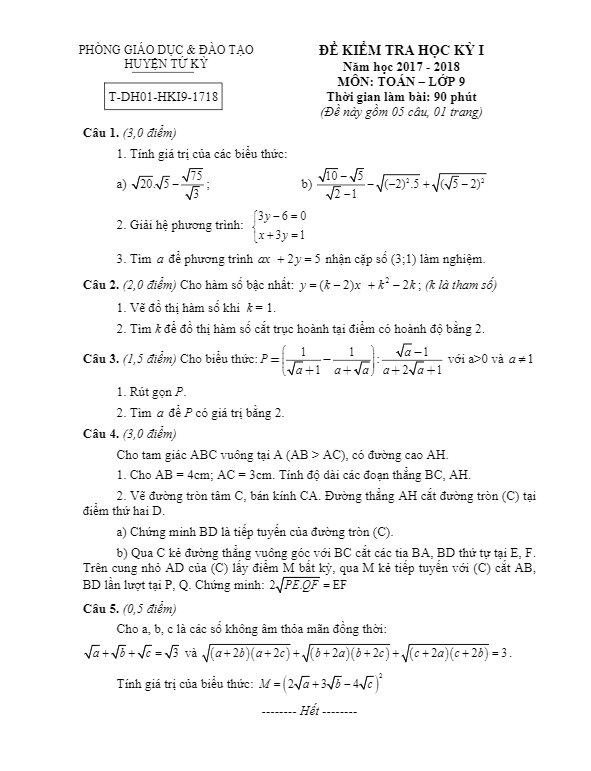 Đề thi HK1 Toán 9 năm học 2017 – 2018 phòng GD và ĐT Tứ Kỳ – Hải Dương