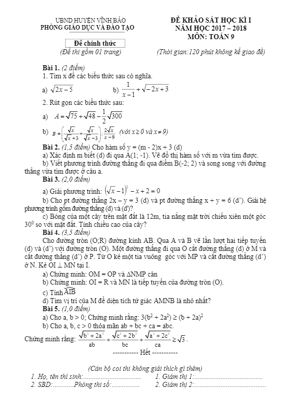 Đề thi HK1 Toán 9 năm học 2017 – 2018 phòng GD và ĐT Vĩnh Bảo – Hải Phòng
