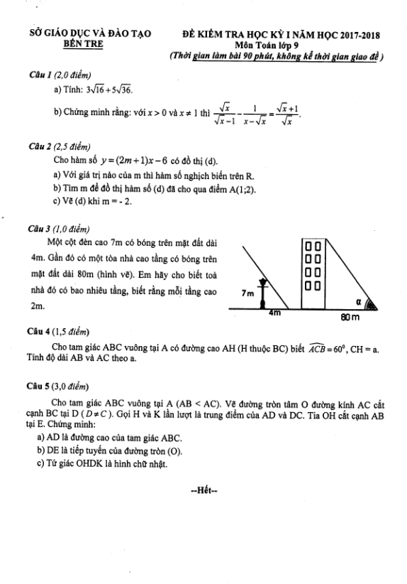 Đề thi HK1 Toán 9 năm học 2017 – 2018 sở GD và ĐT Bến Tre
