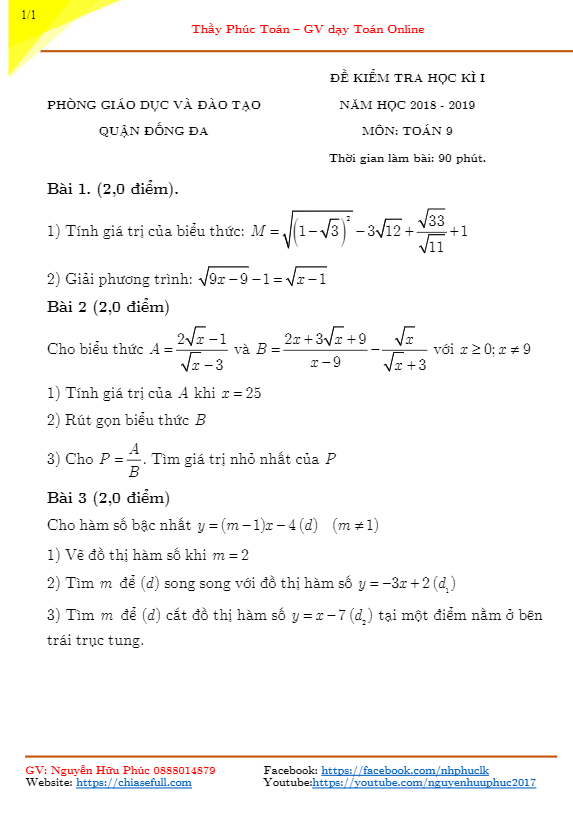 Đề thi HK1 Toán 9 năm học 2018 – 2019 phòng GD&ĐT Đống Đa – Hà Nội