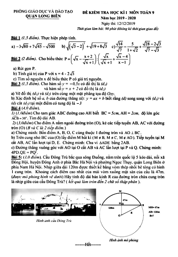 Đề thi HK1 Toán 9 năm học 2019 – 2020 phòng GD&ĐT Long Biên – Hà Nội