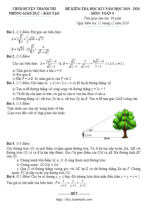 Đề thi HK1 Toán 9 năm học 2019 – 2020 phòng GD&ĐT Thanh Trì – Hà Nội