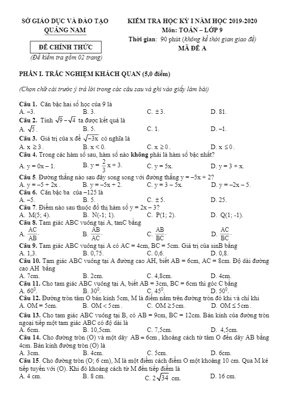 Đề thi HK1 Toán 9 năm học 2019 – 2020 sở GD&ĐT Quảng Nam