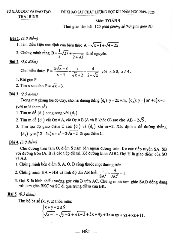 Đề thi HK1 Toán 9 năm học 2019 – 2020 sở GD&ĐT Thái Bình