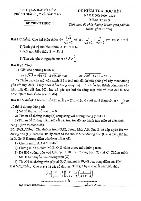 Đề thi HK1 Toán 9 năm học 2020 – 2021 phòng GD&ĐT Bắc Từ Liêm – Hà Nội