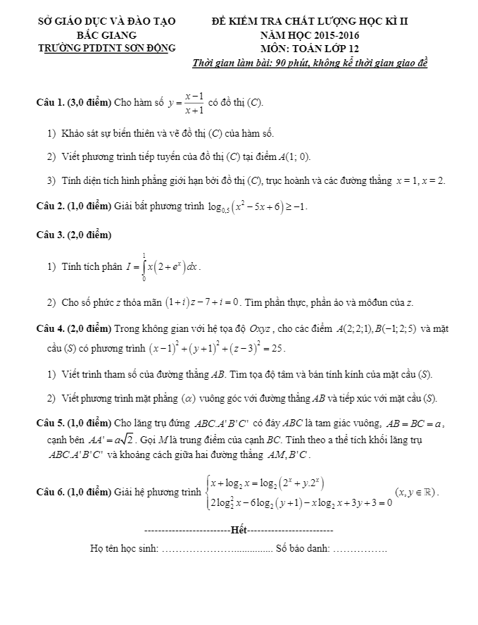 Đề thi HK2 môn Toán 12 trường Sơn Động – Bắc Giang năm học 2015 – 2016