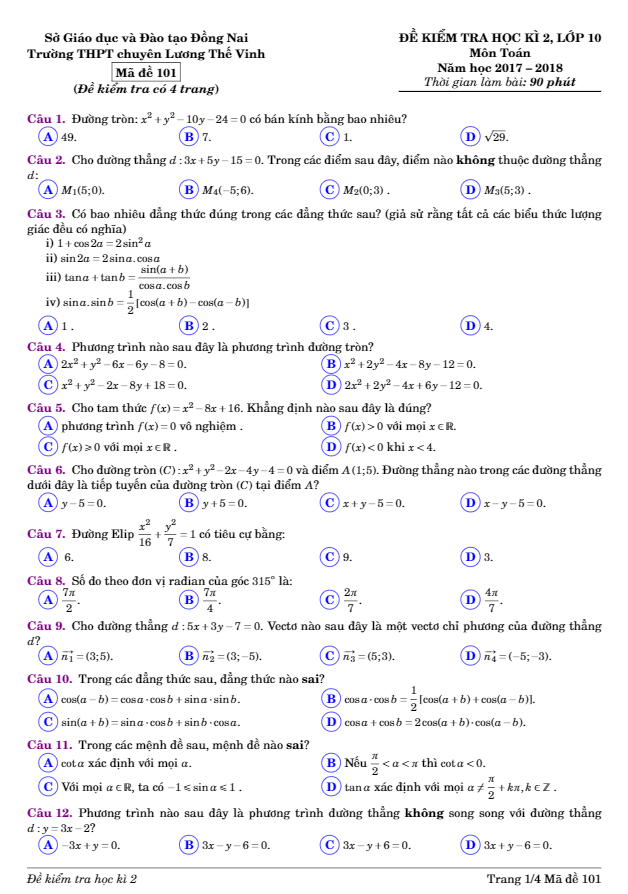 Đề thi HK2 Toán 10 năm 2017 – 2018 trường THPT chuyên Lương Thế Vinh – Đồng Nai