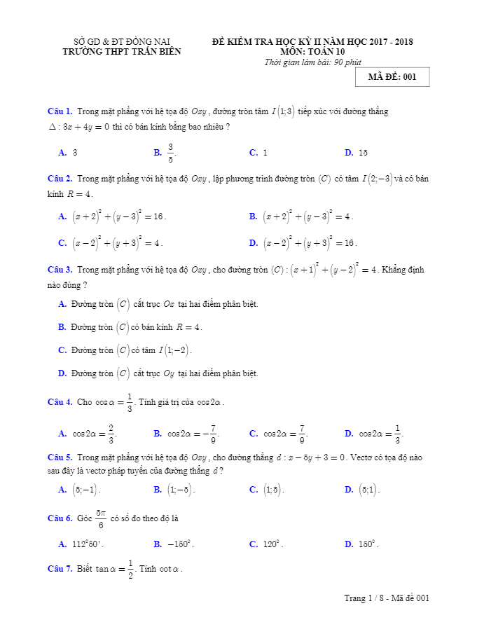 Đề thi HK2 Toán 10 năm 2017 – 2018 trường THPT Trấn Biên – Đồng Nai