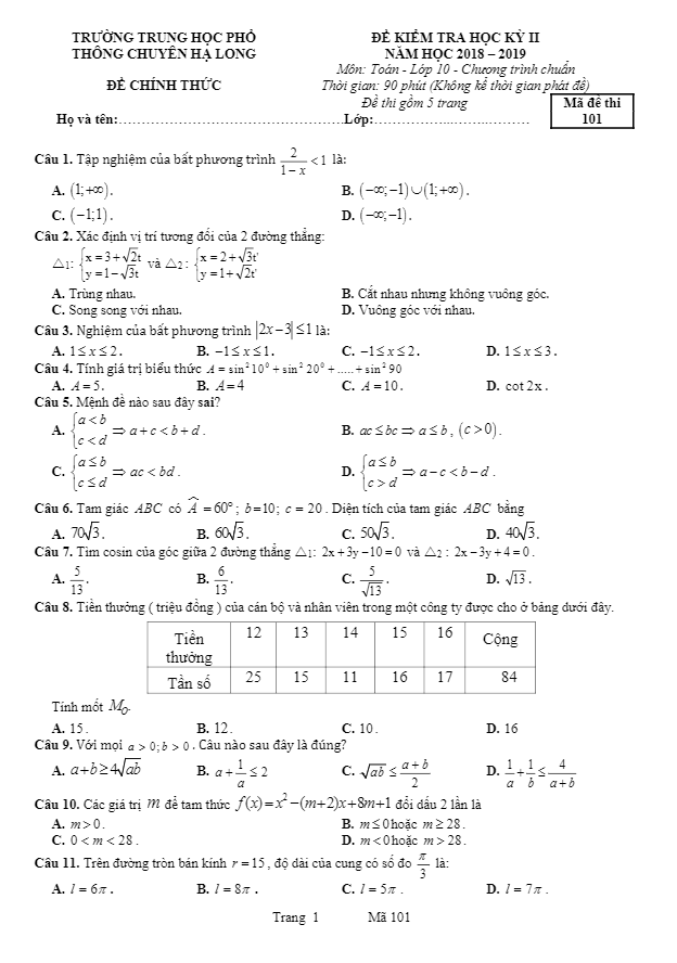 Đề thi HK2 Toán 10 năm 2018 – 2019 trường chuyên Hạ Long – Quảng Ninh