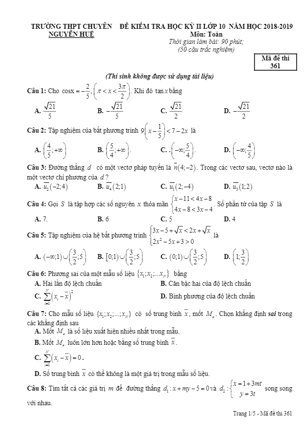 Đề thi HK2 Toán 10 năm 2018 – 2019 trường chuyên Nguyễn Huệ – Hà Nội