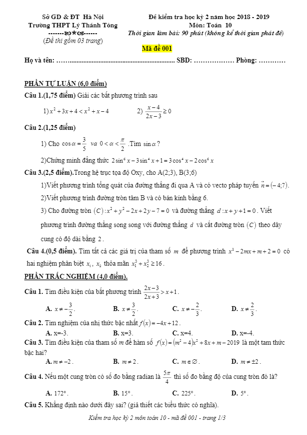 Đề thi HK2 Toán 10 năm 2018 – 2019 trường THPT Lý Thánh Tông – Hà Nội