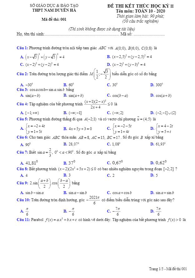 Đề thi HK2 Toán 10 năm 2019 – 2020 trường THPT Nam Duyên Hà – Thái Bình