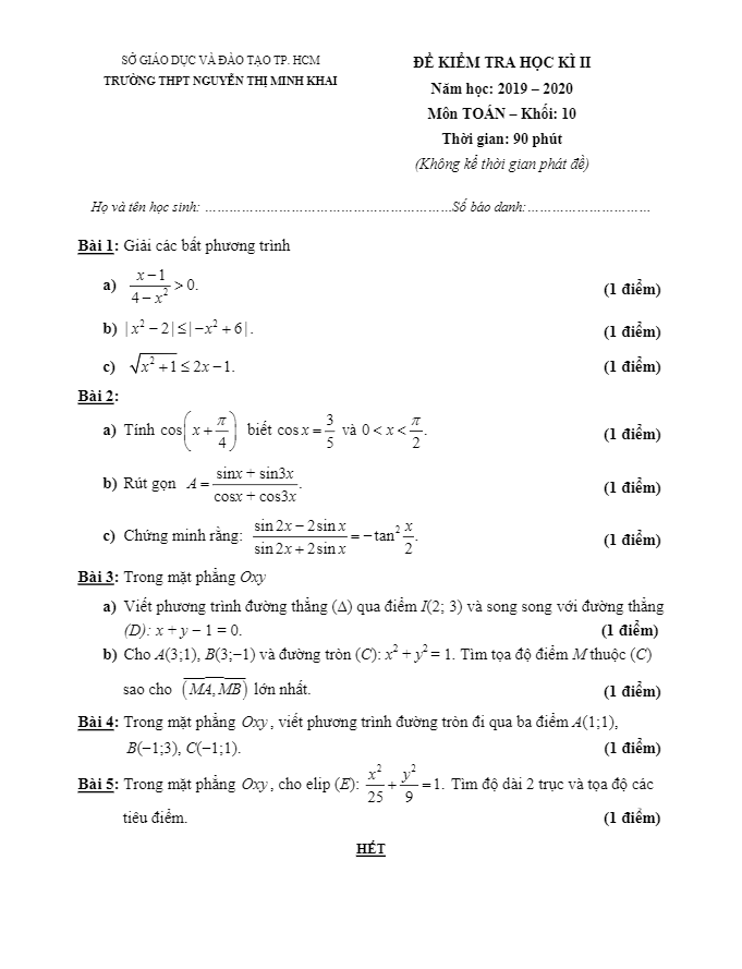 Đề thi HK2 Toán 10 năm 2019 – 2020 trường THPT Nguyễn Thị Minh Khai – TP HCM