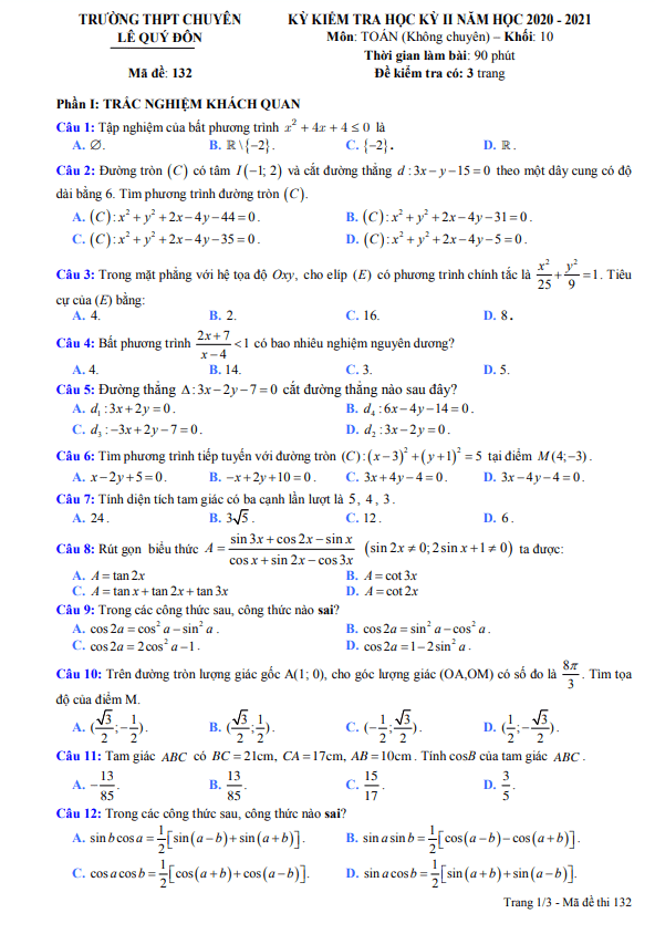 Đề thi HK2 Toán 10 năm 2020 – 2021 trường chuyên Lê Quý Đôn – Khánh Hòa