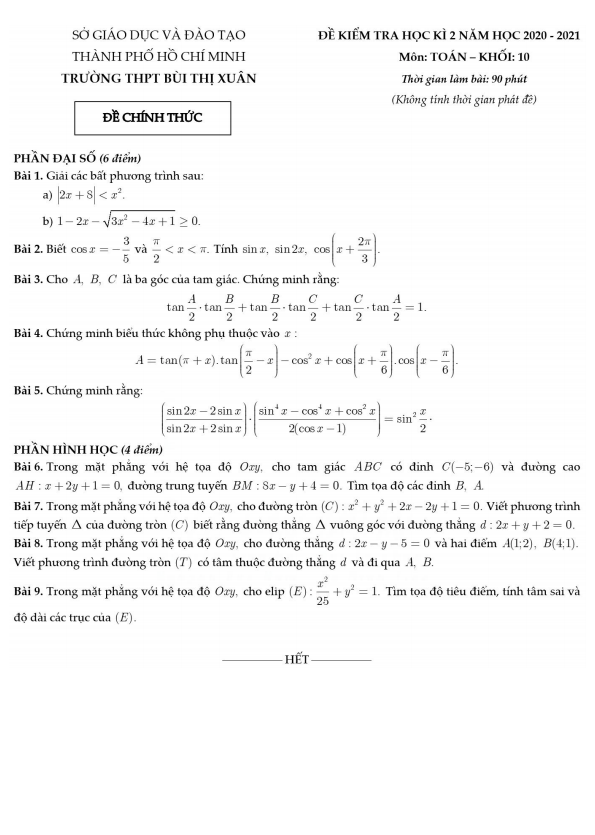 Đề thi HK2 Toán 10 năm 2020 – 2021 trường THPT Bùi Thị Xuân – TP HCM