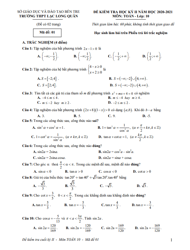 Đề thi HK2 Toán 10 năm 2020 – 2021 trường THPT Lạc Long Quân – Bến Tre